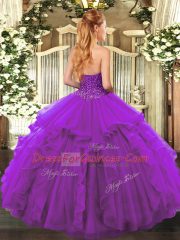 Tulle Sweetheart Sleeveless Lace Up Beading and Ruffles Sweet 16 Quinceanera Dress in Eggplant Purple