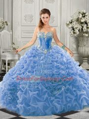 Super Light Blue Organza Lace Up Sweetheart Sleeveless Quinceanera Gowns Court Train Beading and Ruffles