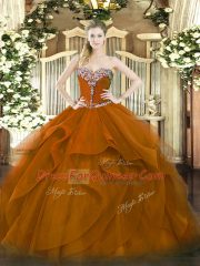 Sweetheart Sleeveless Quinceanera Gown Floor Length Beading and Ruffles Brown Tulle