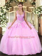 Pink Lace Up Straps Beading Quinceanera Gowns Organza Sleeveless
