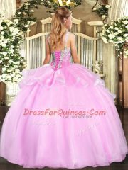 Pink Lace Up Straps Beading Quinceanera Gowns Organza Sleeveless
