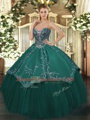 Trendy Dark Green Taffeta and Tulle Lace Up Ball Gown Prom Dress Sleeveless Floor Length Beading and Embroidery