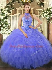 Delicate Blue Organza Lace Up 15 Quinceanera Dress Sleeveless Floor Length Beading and Embroidery and Ruffles
