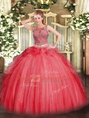 Scoop Sleeveless Vestidos de Quinceanera Floor Length Beading and Ruffles Coral Red Tulle