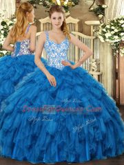 Blue Straps Lace Up Beading and Ruffles Sweet 16 Quinceanera Dress Sleeveless