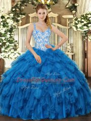 Blue Straps Lace Up Beading and Ruffles Sweet 16 Quinceanera Dress Sleeveless