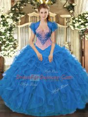 Blue Ball Gowns Beading and Ruffles Sweet 16 Dress Lace Up Organza Sleeveless Floor Length
