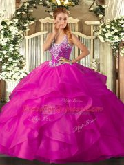 Ball Gowns Ball Gown Prom Dress Fuchsia Straps Tulle Sleeveless Floor Length Lace Up
