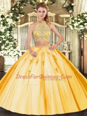Low Price Gold Tulle Criss Cross Halter Top Sleeveless Floor Length Sweet 16 Dress Beading and Appliques