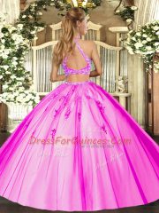 Low Price Gold Tulle Criss Cross Halter Top Sleeveless Floor Length Sweet 16 Dress Beading and Appliques
