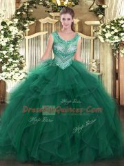 Fancy Dark Green Lace Up Scoop Beading and Ruffles 15 Quinceanera Dress Tulle Sleeveless