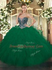 Spectacular Sleeveless Floor Length Beading and Ruffles Lace Up Quinceanera Dress with Dark Green