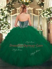 Spectacular Sleeveless Floor Length Beading and Ruffles Lace Up Quinceanera Dress with Dark Green