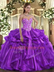 Admirable Eggplant Purple Ball Gowns Embroidery and Ruffles Ball Gown Prom Dress Lace Up Organza Sleeveless Floor Length