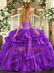 Admirable Eggplant Purple Ball Gowns Embroidery and Ruffles Ball Gown Prom Dress Lace Up Organza Sleeveless Floor Length