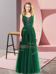 Dark Green Backless Square Beading and Appliques Prom Evening Gown Tulle Sleeveless