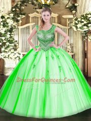 Latest Tulle Lace Up Scoop Sleeveless Floor Length 15 Quinceanera Dress Beading