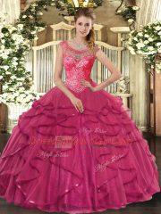 Hot Pink Scoop Lace Up Beading and Ruffles 15th Birthday Dress Sleeveless