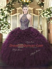 Dark Purple Lace Up Quince Ball Gowns Beading and Ruffles Sleeveless Floor Length