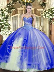 Beading and Ruffles Ball Gown Prom Dress Blue Lace Up Sleeveless Floor Length