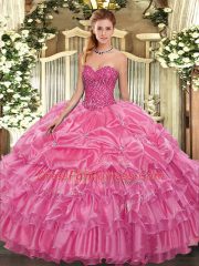 Rose Pink Quinceanera Gowns Military Ball and Sweet 16 and Quinceanera with Beading and Ruffled Layers and Pick Ups Sweetheart Sleeveless Lace Up