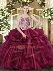 Customized Wine Red Sleeveless Organza Lace Up 15th Birthday Dress for Military Ball and Sweet 16 and Quinceanera