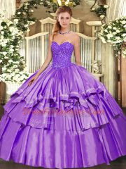 Unique Floor Length Lace Up Quince Ball Gowns Lavender for Military Ball and Sweet 16 and Quinceanera with Beading and Ruffles