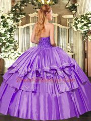 Unique Floor Length Lace Up Quince Ball Gowns Lavender for Military Ball and Sweet 16 and Quinceanera with Beading and Ruffles