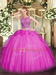 Classical Sleeveless Tulle Floor Length Lace Up Quinceanera Dress in Fuchsia with Beading and Ruffles