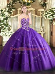 Beauteous Beading and Appliques Ball Gown Prom Dress Purple Zipper Sleeveless Floor Length