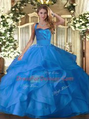 Blue Ball Gowns Tulle Halter Top Sleeveless Ruffles Floor Length Lace Up Quinceanera Gown