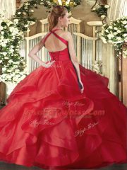Blue Ball Gowns Tulle Halter Top Sleeveless Ruffles Floor Length Lace Up Quinceanera Gown