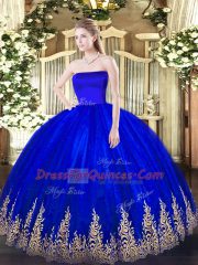 Blue Ball Gowns Strapless Sleeveless Tulle Floor Length Zipper Appliques Sweet 16 Quinceanera Dress