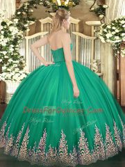 Blue Ball Gowns Strapless Sleeveless Tulle Floor Length Zipper Appliques Sweet 16 Quinceanera Dress