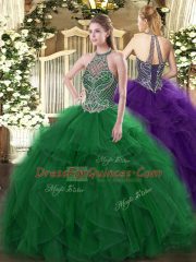Cute Sleeveless Floor Length Beading and Ruffles Lace Up Quinceanera Dresses with Green