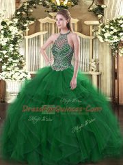Cute Sleeveless Floor Length Beading and Ruffles Lace Up Quinceanera Dresses with Green