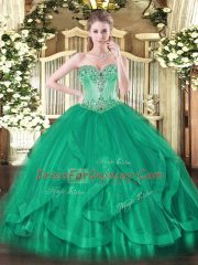Simple Turquoise Sweetheart Neckline Beading and Ruffles Quinceanera Gown Sleeveless Lace Up