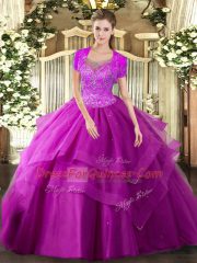 Fuchsia Tulle Clasp Handle Quinceanera Gown Sleeveless Floor Length Beading and Ruffles