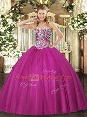 Fuchsia Lace Up Quinceanera Dresses Beading Sleeveless Floor Length
