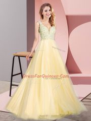 Floor Length Gold Dress for Prom V-neck Sleeveless Zipper