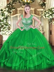 Green Ball Gowns Tulle Scoop Sleeveless Beading and Ruffles Floor Length Lace Up Sweet 16 Quinceanera Dress
