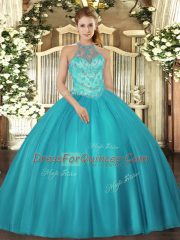 Super Floor Length Ball Gowns Sleeveless Teal Ball Gown Prom Dress Lace Up