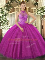 Fuchsia Ball Gowns Halter Top Sleeveless Tulle Floor Length Lace Up Beading and Embroidery Sweet 16 Quinceanera Dress