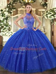 Tulle and Sequined Sleeveless Floor Length Quince Ball Gowns and Beading and Embroidery