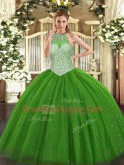Halter Top Sleeveless Lace Up Sweet 16 Dresses Green Tulle