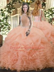 Flare Ball Gowns Ball Gown Prom Dress Peach High-neck Organza Sleeveless Floor Length Lace Up