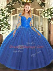 Vintage Blue Lace Up Scoop Lace Sweet 16 Quinceanera Dress Tulle Long Sleeves