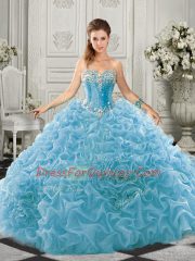 Fantastic Sweetheart Sleeveless Quinceanera Dress Court Train Beading and Ruffles Aqua Blue Organza