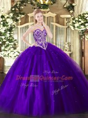 Unique Purple Ball Gowns Sweetheart Sleeveless Tulle Floor Length Lace Up Beading Quinceanera Gown