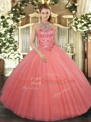 Extravagant Halter Top Sleeveless Quinceanera Dress Floor Length Beading and Embroidery Watermelon Red Tulle